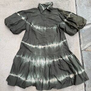 WKND WYFR Dress Womens Large Olive Green Tie Dye Collared Shirt Puff Sleeve
